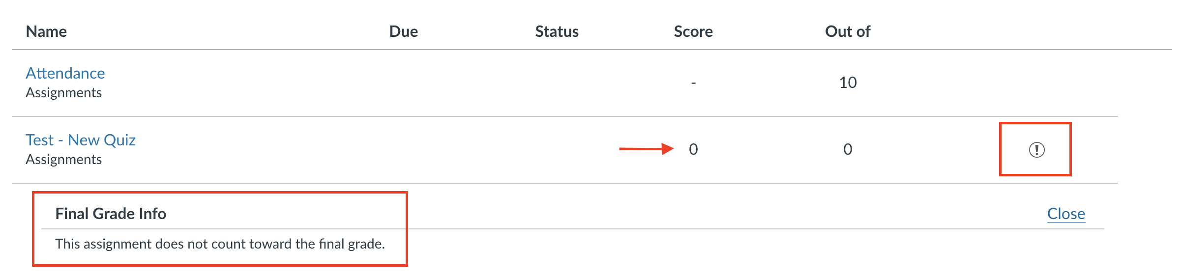 What students see in the Grades tab of Canvas for a zero-point quiz.
