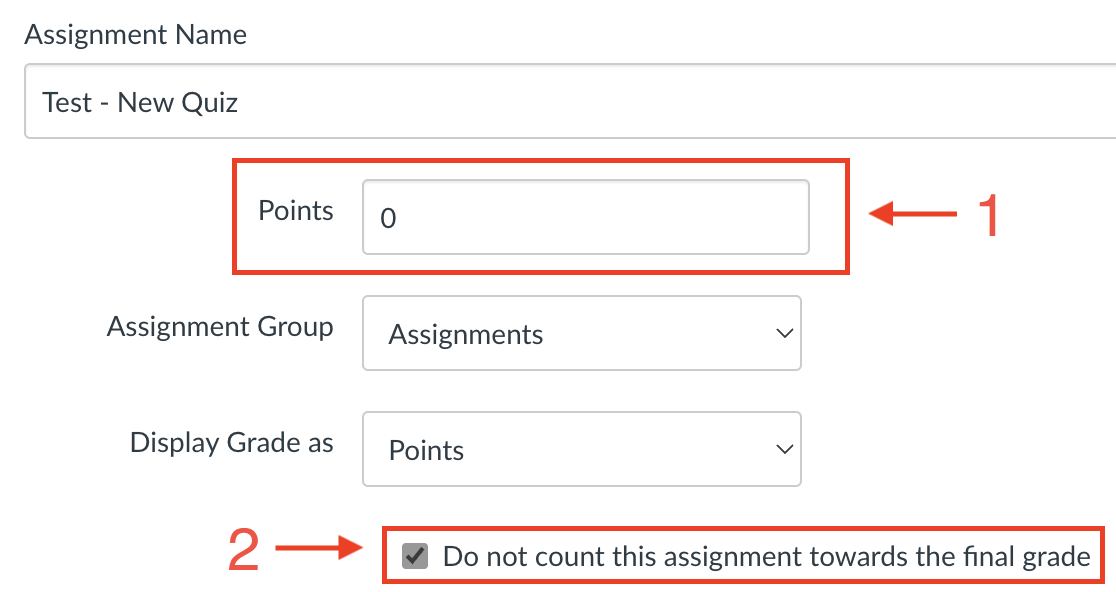 New Quiz settings for a zero point quiz.