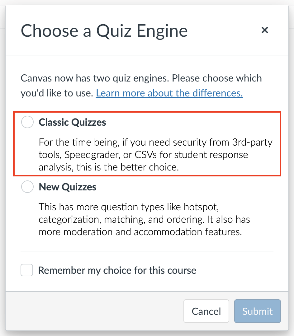 Selecting Classic Quizzes when creating a new quiz in Canvas.