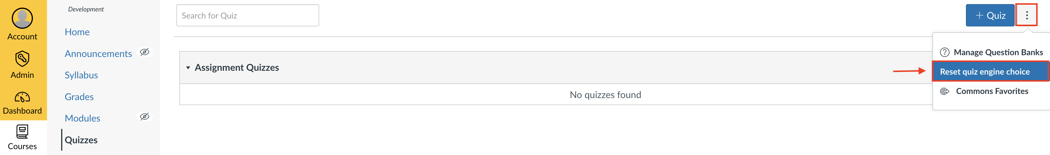 Finding the "reset quiz engine choice" option in the Canvas quizzes tab.