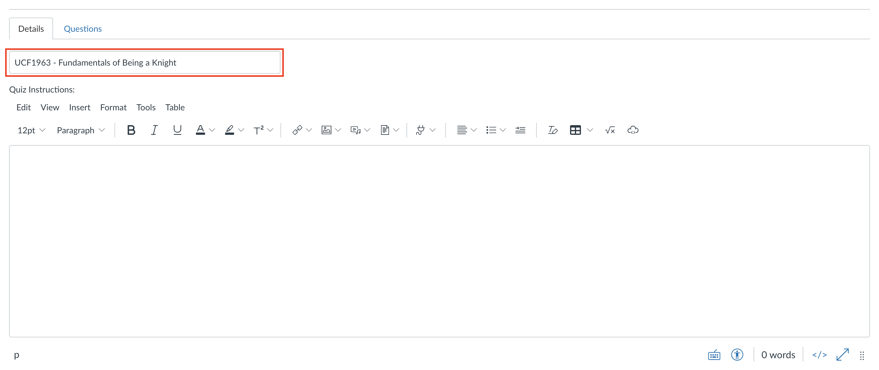 Showing where to add a title to a Classic Quiz in Canvas.