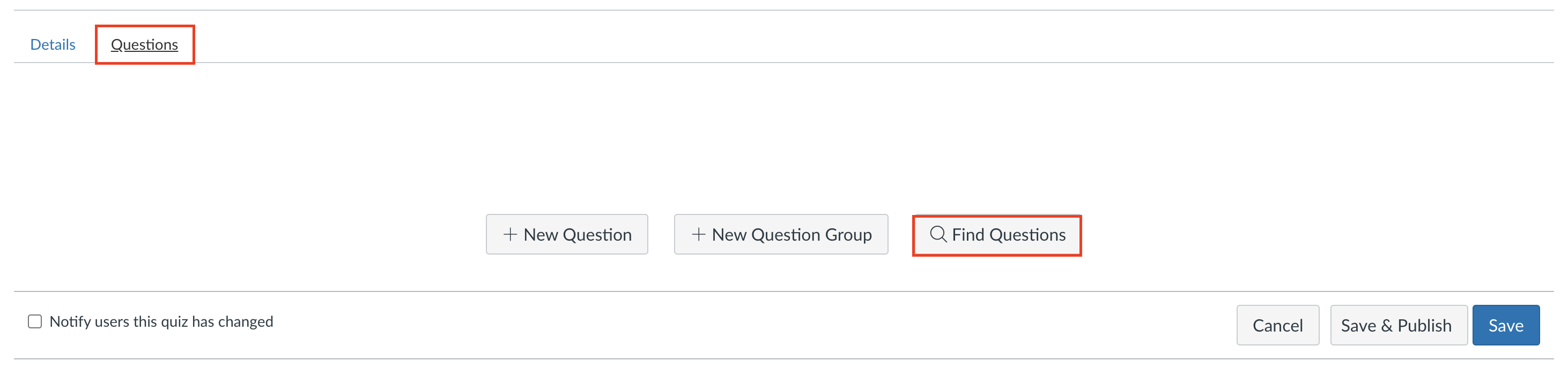 Showing where to find the Find Questions option in Classic Quizzes in Canvas.