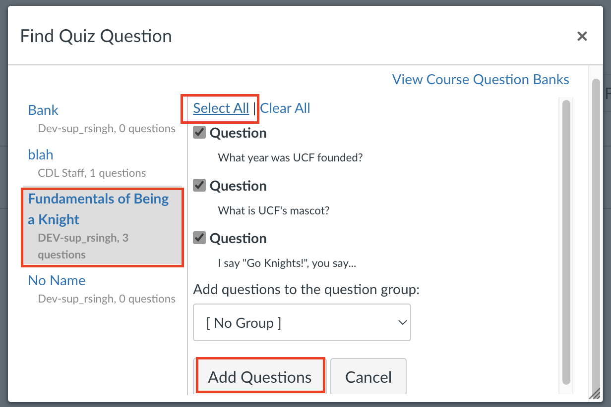 Finding questions in a question bank.