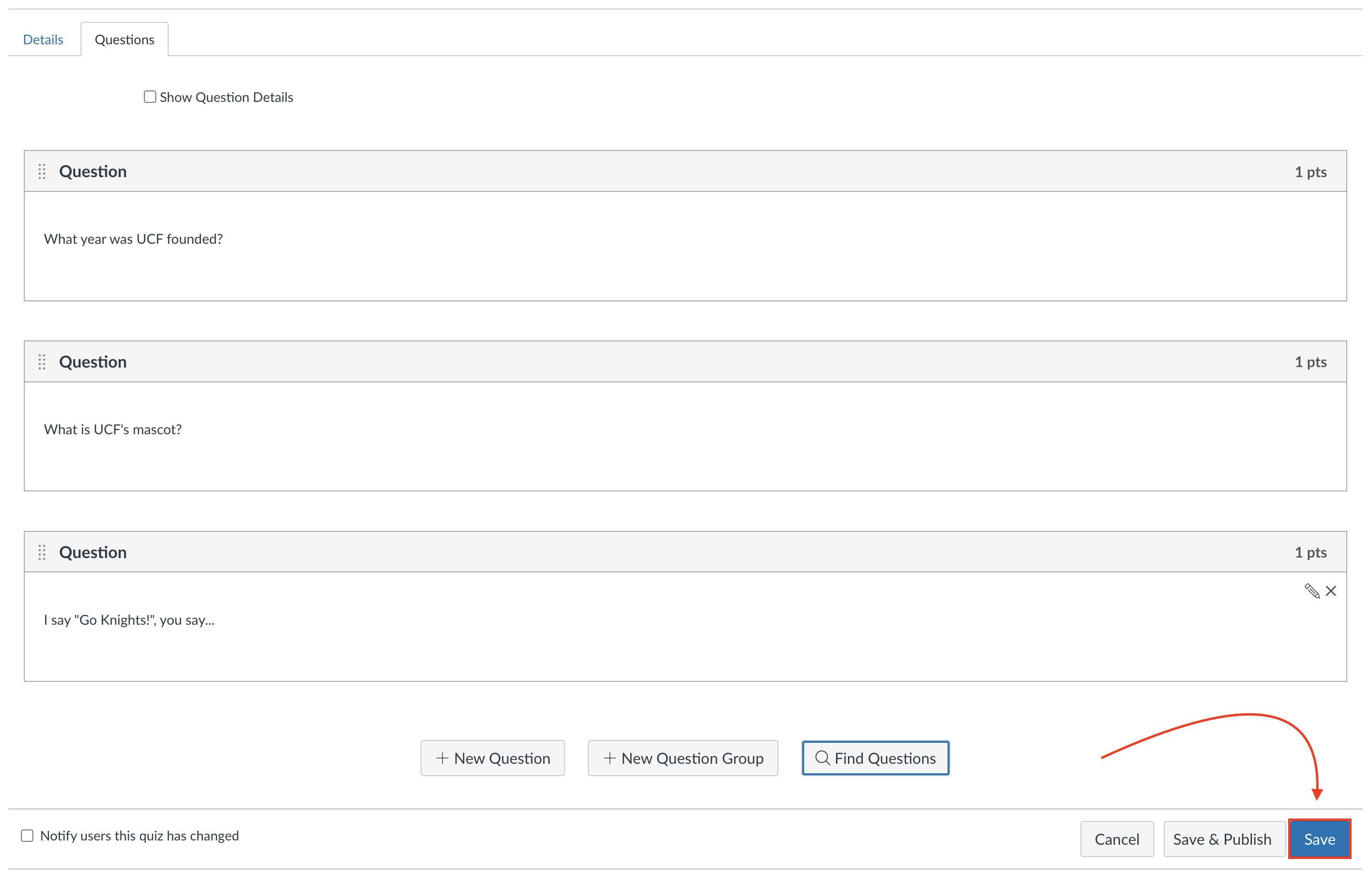 Selecting save on a quiz after adding questions from a question bank.
