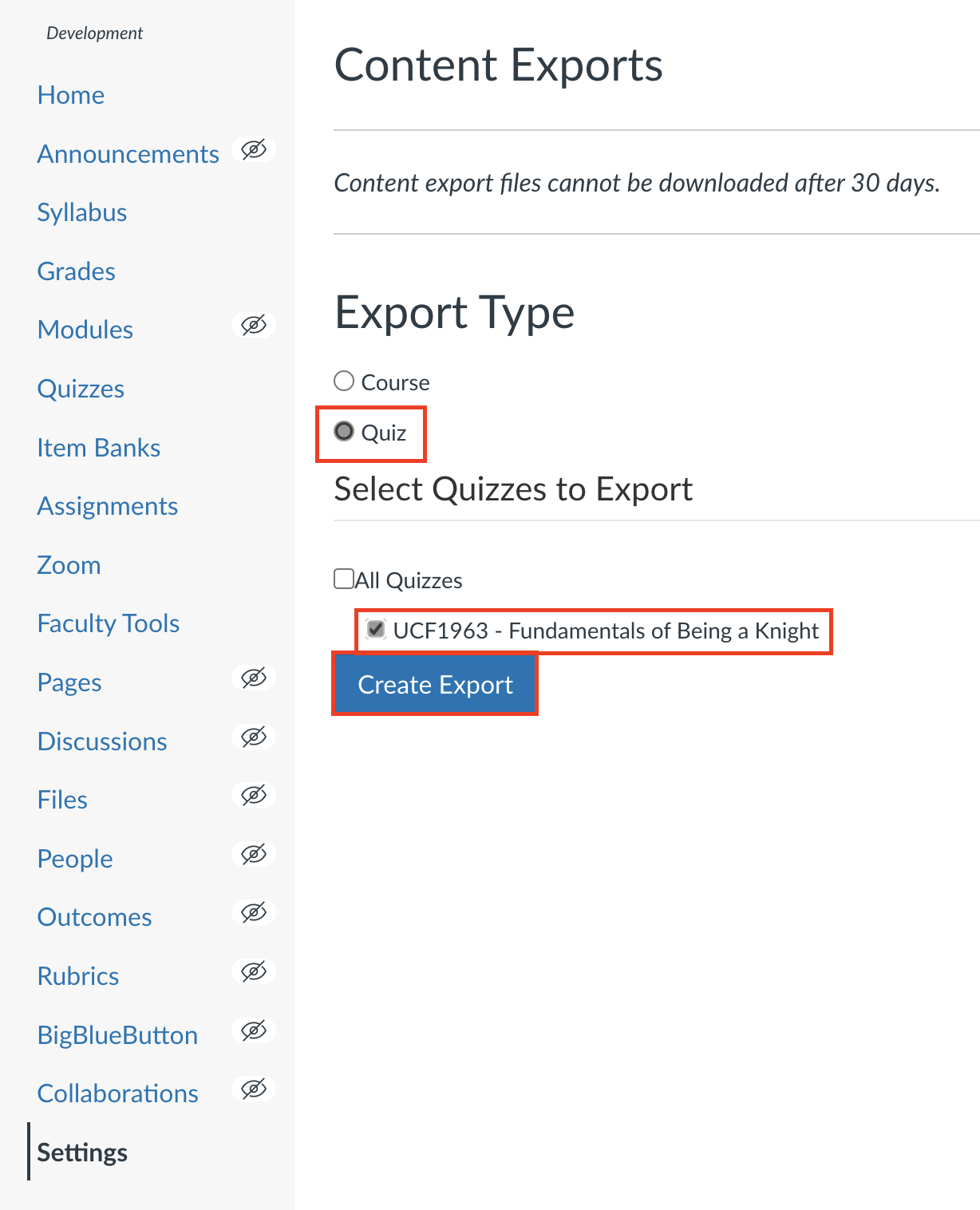 Selecting quiz export options.