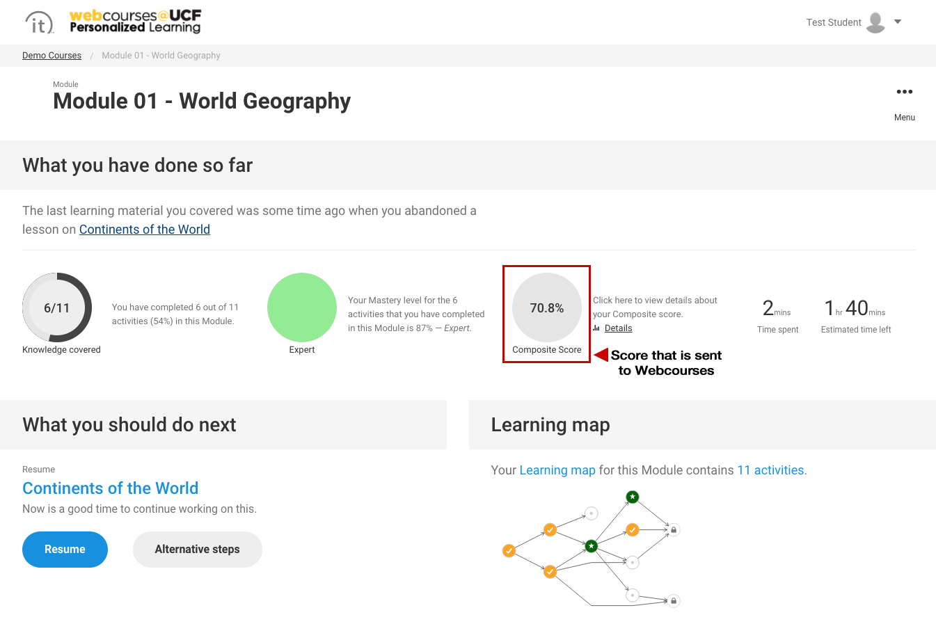 You can view your current Composite Score on the Realizeit overview page for any given module or assignment.