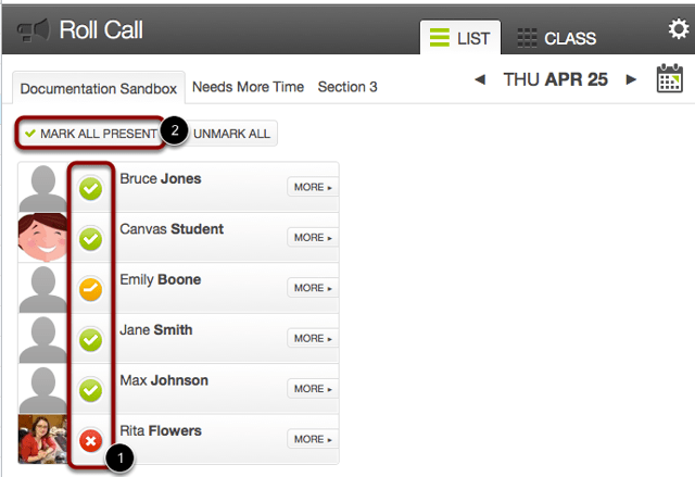 You can also take attendance by clicking the Mark All Present button [2].