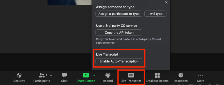 Zoom’s live transcription feature will automatically provide captions during your Zoom meetings. Captioning and live-transcriptions is enabled by default in all UCF Zoom accounts. Hosts will still need to enable the live auto-transcription during the meeting.  While live transcription is not 100% accurate for accommodation purposes, it does provide fairly reliable captions and will make your meeting more accessible for all of your students. Student Accessibility Services will contact you when captioning as an accommodation is necessary for equal access.  Live Transcription and Breakout Rooms Live transcription is not available in Breakout Rooms.  Enable Live Transcription as a Host As live transcription is enabled by default for your account, you can use this feature during a meeting.  During a Zoom meeting, click the Live Transcript button in your Zoom toolbar. Click Enable Auto-Transcription