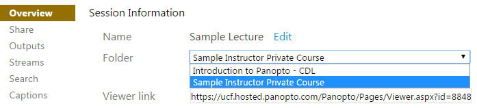 Shows how to select a destination folder when moving a Panopto lecture to a new folder.