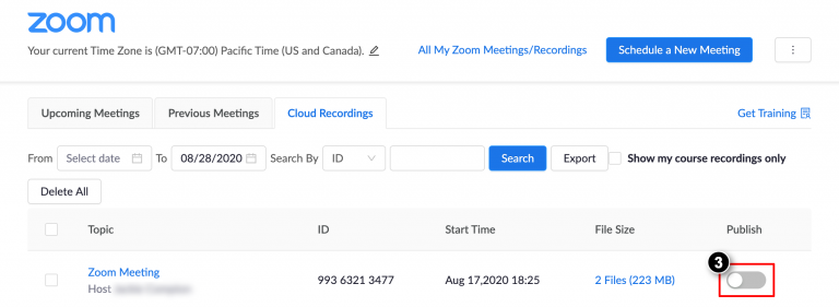 To make the recording available to students, click the Publish toggle (3). Students will not be able to view the recording unless the recording has been published.