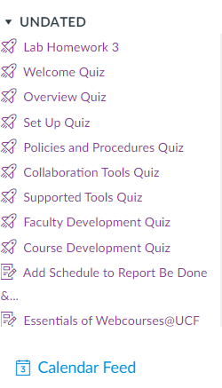 Under your list of calendars in the right pane, click on Undated. You will see a list of all Undated items in your courses, including the old Zoom meetings. Click on one of these list items to see more information. 