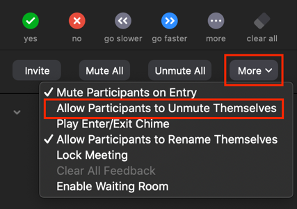 Uncheck Allow participants to unmute themselves to prevent participants from unmuting their mics.