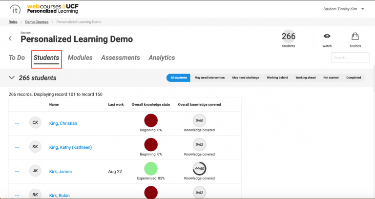 Access Webcourses@UCF Personalized Learning and click the Students tab on the instructor dashboard. You will see a list of all your students.