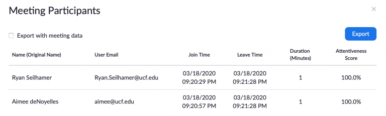 This screen displays all of the participants that joined your Zoom meeting. You can view each participants’ join time, leave time, and total duration spent in the meeting.