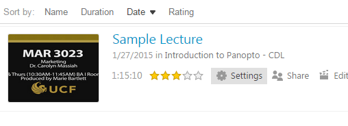 Shows where the Settings option is for a Panopto lecture.