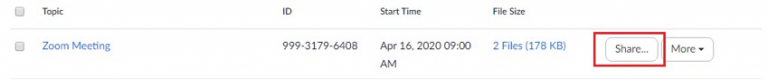 Find the recording you would like to remove the password from and click Share.