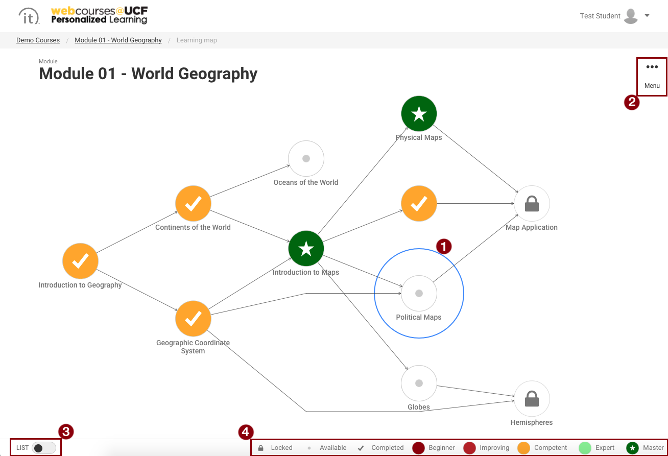Your personalized learning path is your custom pathway through the course content. After Webcourses@UCF Personalized Learning determines what you know and any knowledge gaps, you will see a color-coded map of the module.