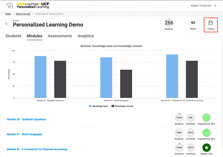 Access Webcourses@UCF Personalized Learning and click on the Toolbox on the top right of the page.