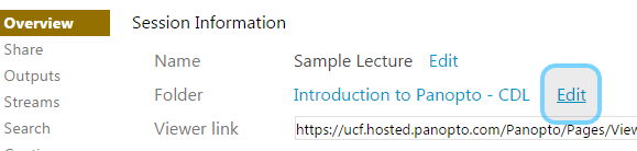 Shows where the Edit option is when moving a Panopto lecture to a new folder.