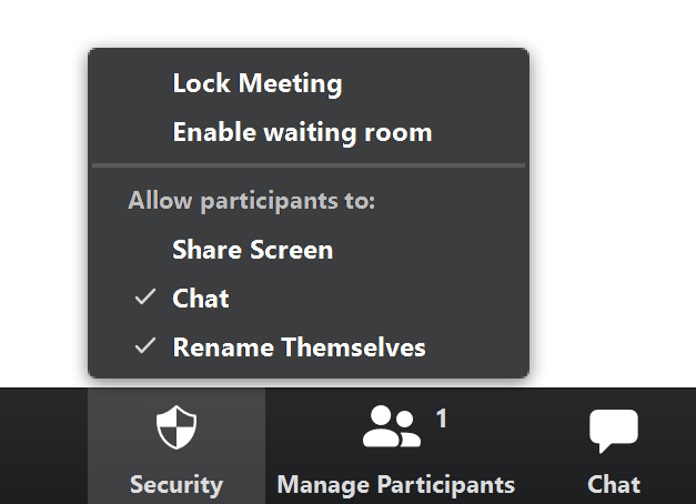 Zoom has added a Security button that can be found in the Zoom toolbar during meetings. The following options can be altered during a meeting.