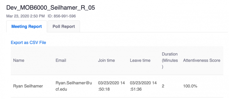This screen displays all of the participants that joined your Zoom meeting. You can view each participants’ join time, leave time, and total duration spent in the meeting.