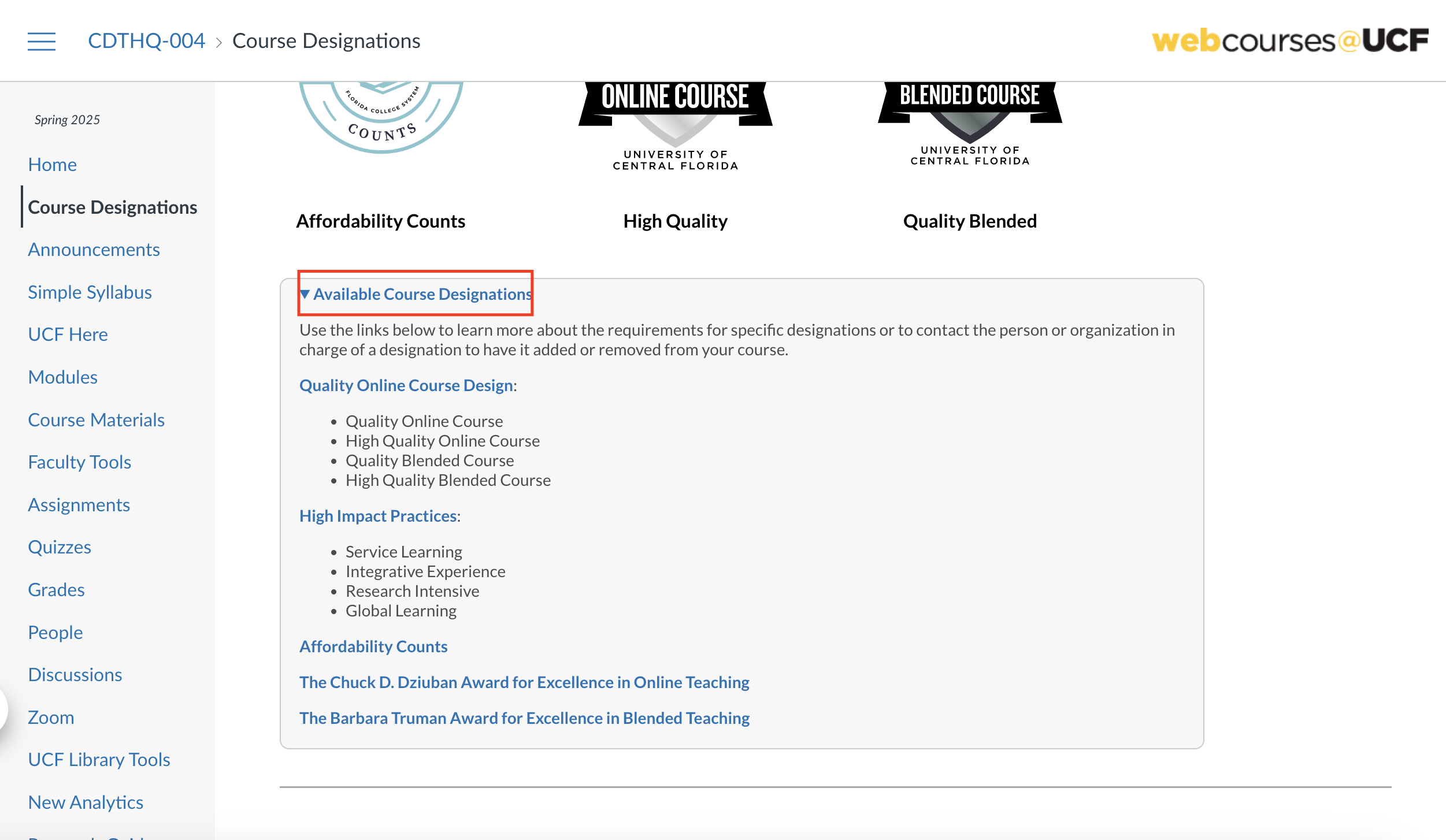 Image of dropdown with text about designations activated with the link Avaiable Course Designations circled to show that should be clicked