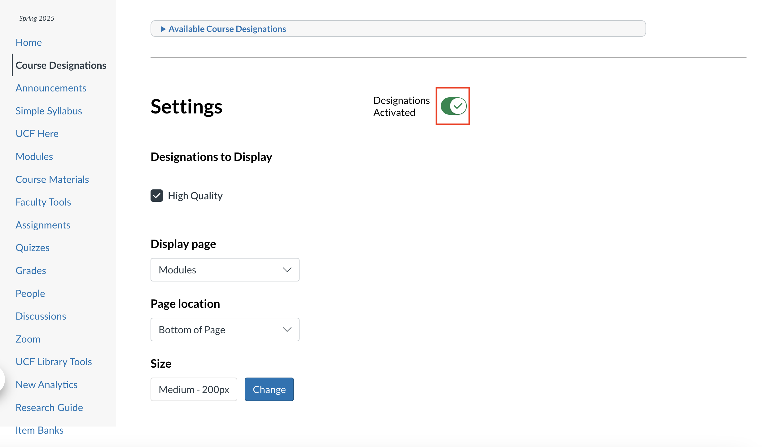 Image of the configuration part of Course Designations with the toggle boxed to show what to press to turn it on or off