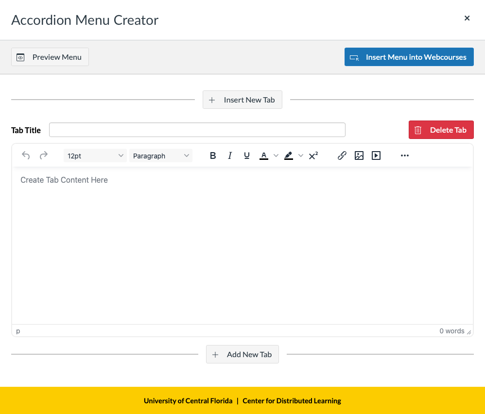 Accordion Menu Creator Tool Layout