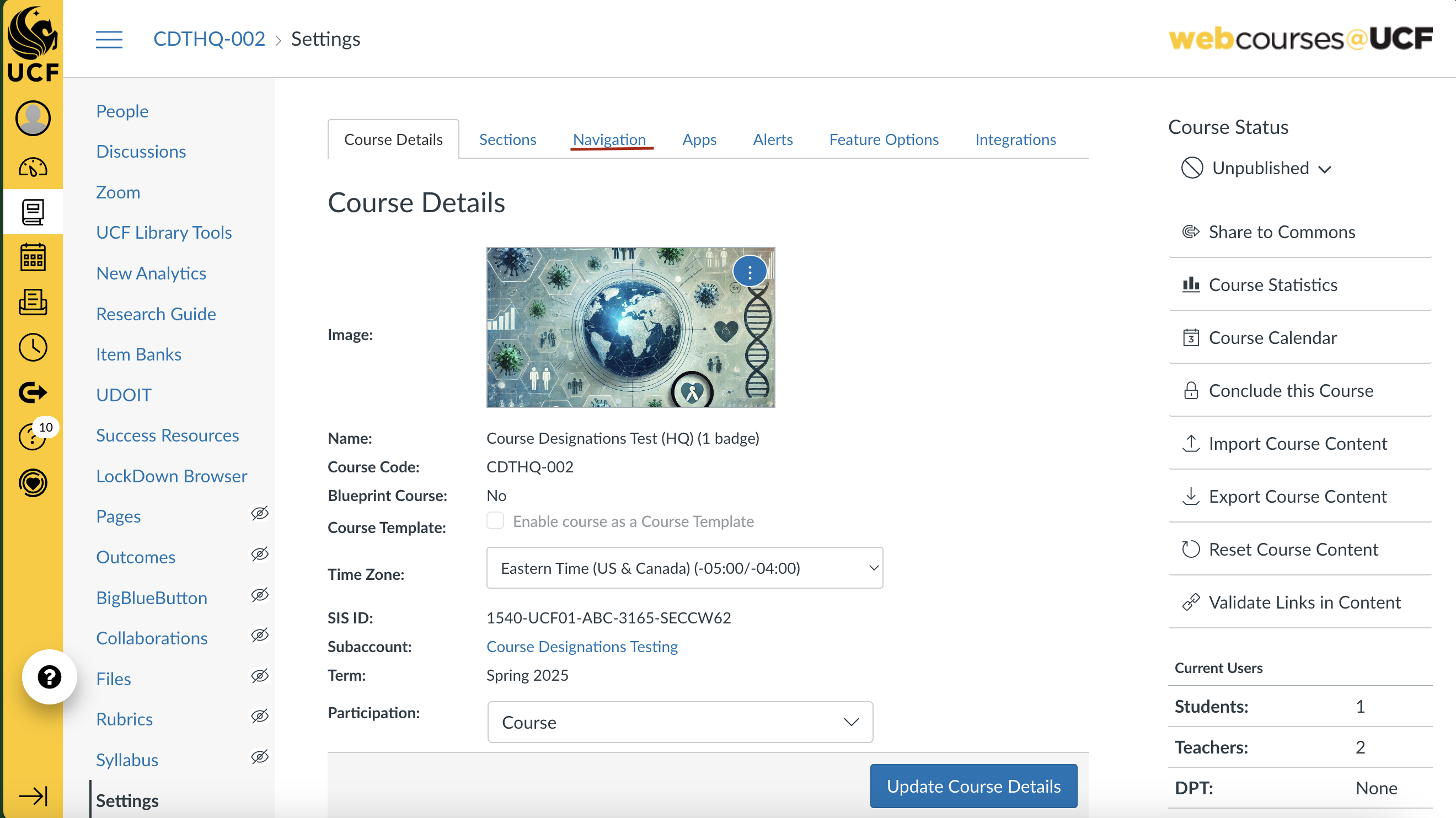 UCF Canvas Course settings page with navigation button underlined