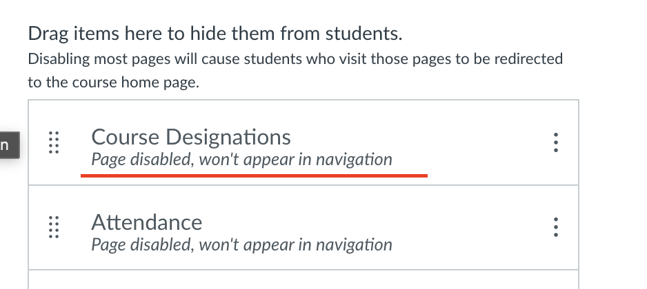 Canvas navigation page showing group of bars with labels saying these pages are disabled and hidden, one of which is Course Designations