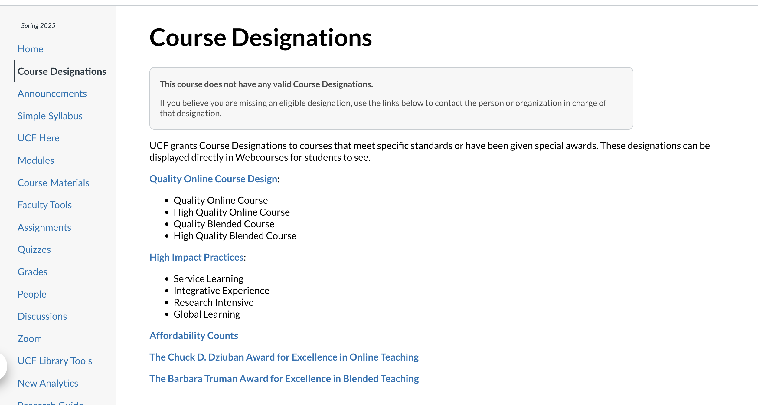 Course Designation Tool screen when no designations exist, just informational text
