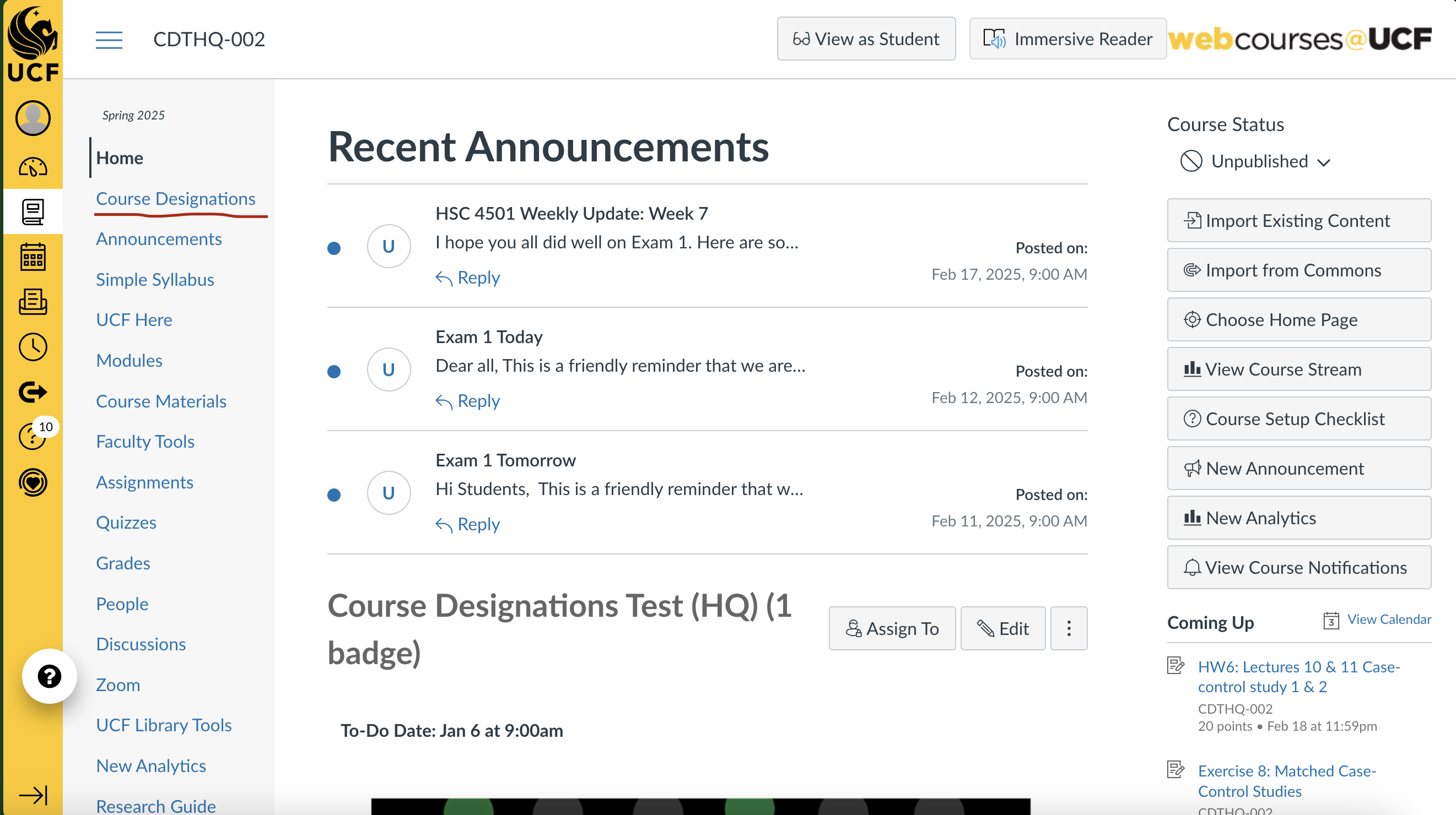 UCF canvas course page with Course Designations Button Underlined