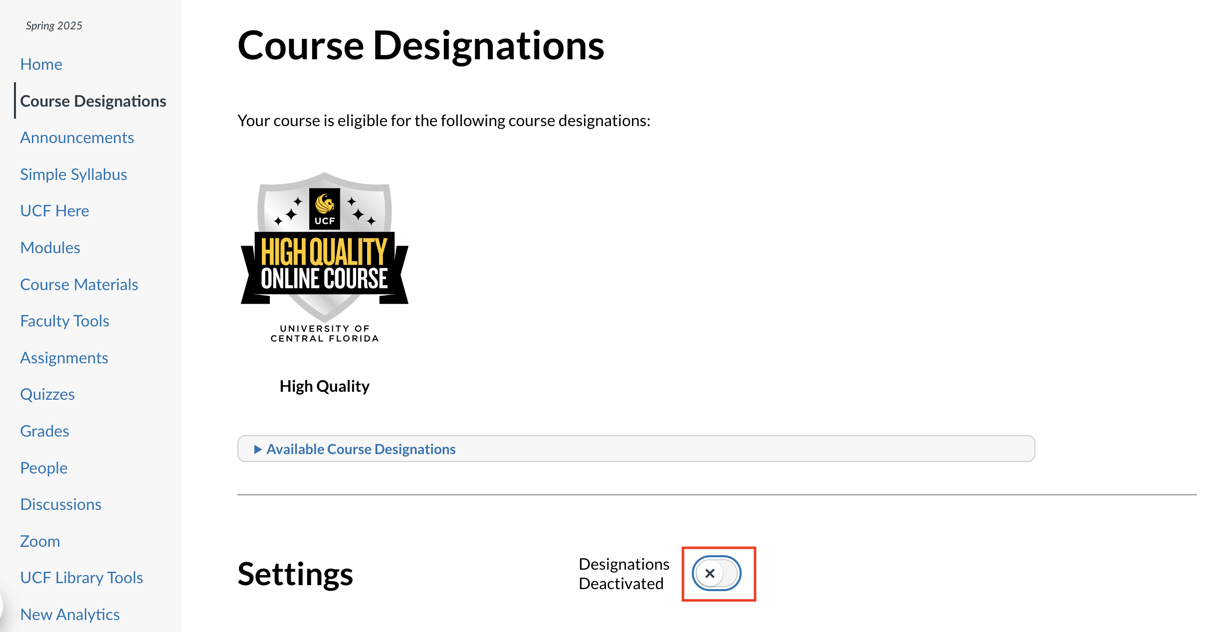 Image of the configuration part of Course Designations but now blank as toggle is off with the toggle boxed to show what to press to turn it on