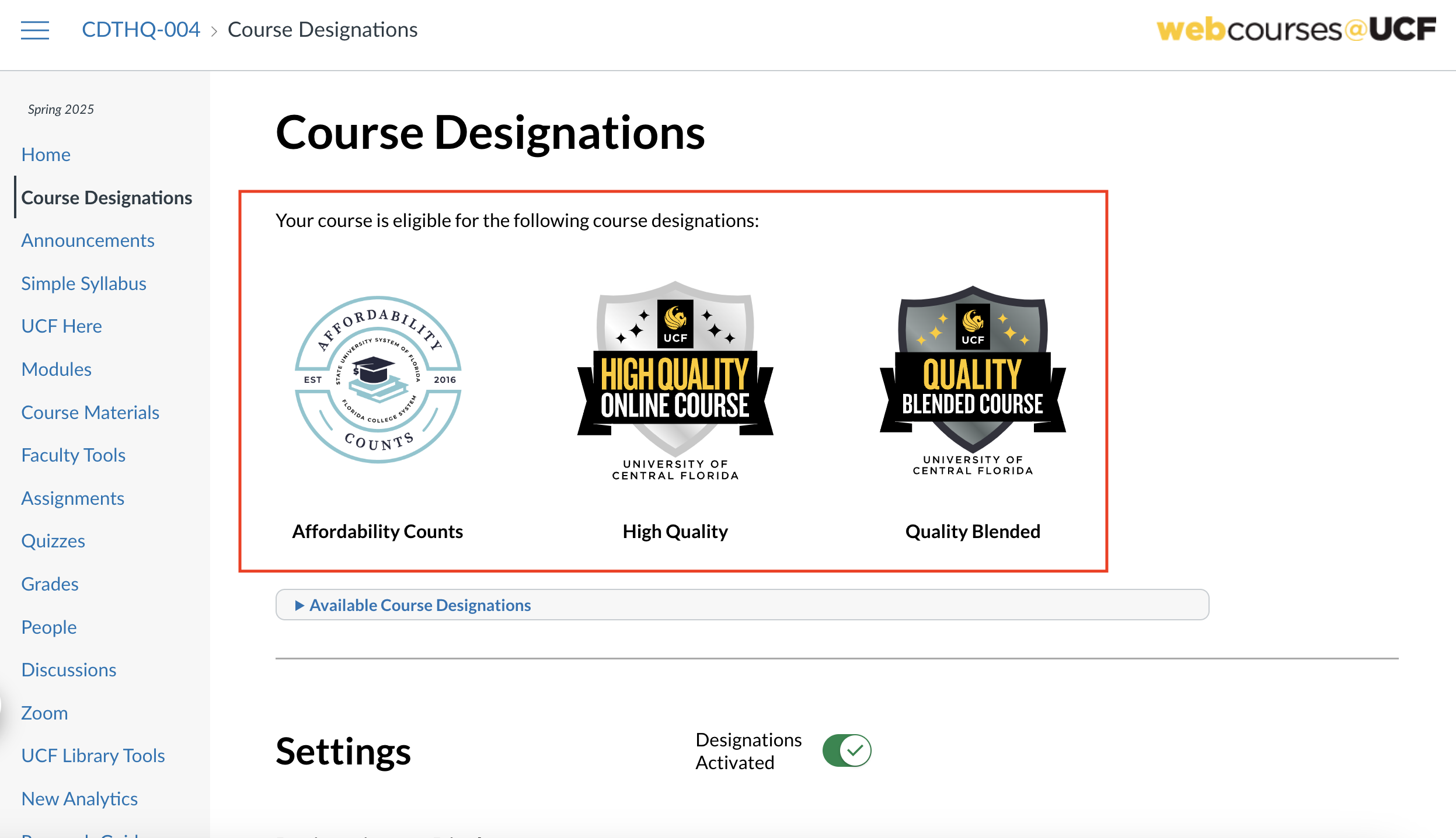 Image of section of course designations showing all designations course has