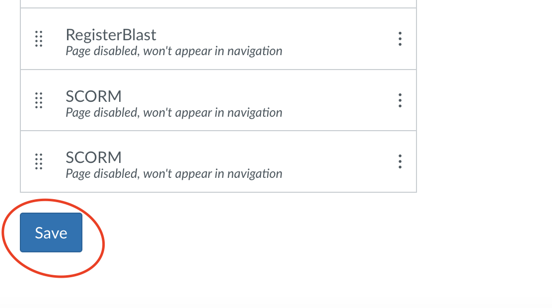 The bottom of the navigation page in settings containing save button which is circled
