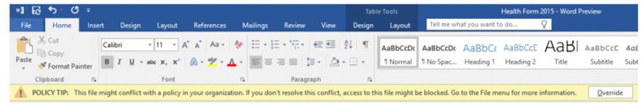 Policy tip in Microsoft Word