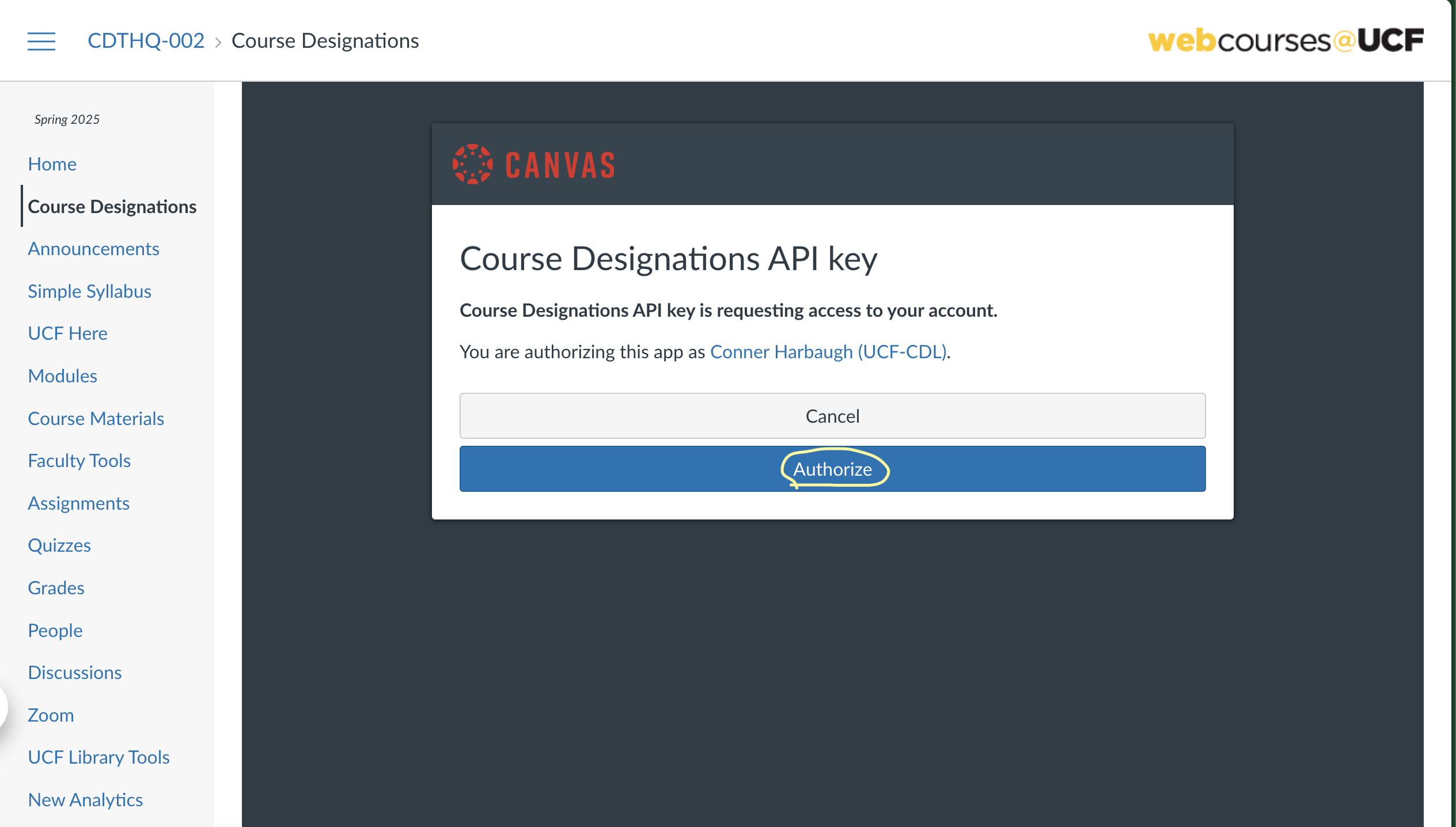Canvas course with a page and a menu in the center of page asking to authorize the API