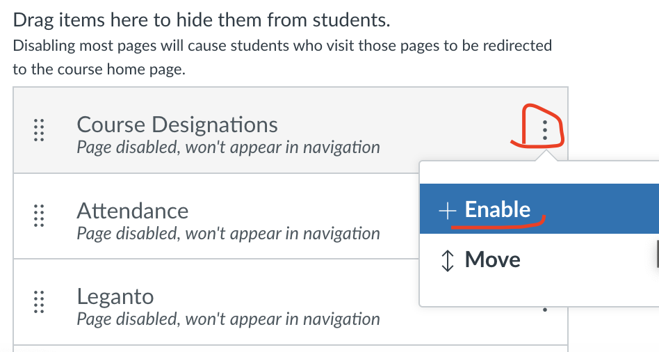 The Course Designations bar showing the enable button menu that pops when clicking on the three dots